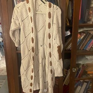 Cream Knit Cardigan with Brown Accents